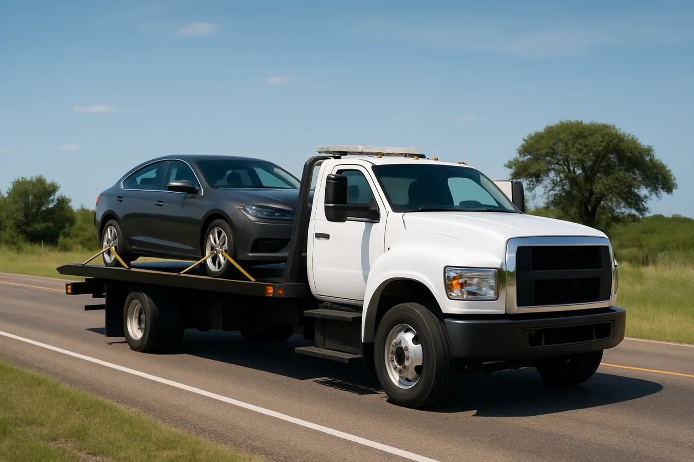 Flatbed tow truck carrying a vehicle in Frisco, TX