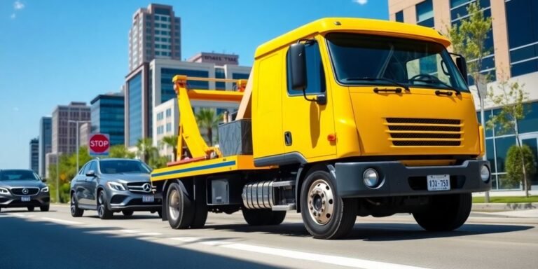 Yellow tow truck in Frisco with blue sky background.